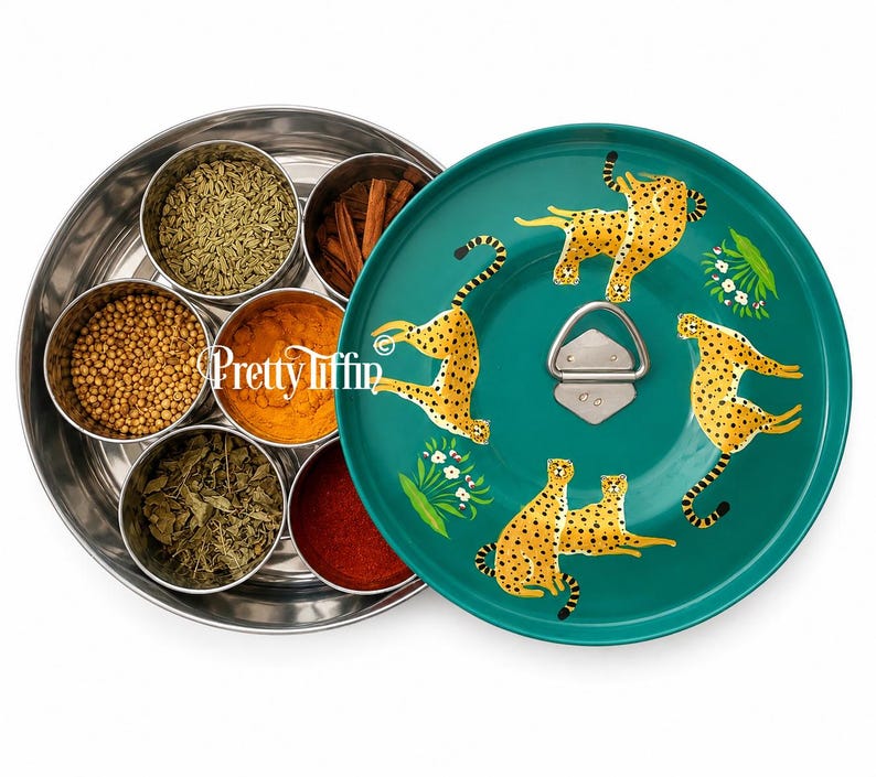 Cheetah art 
Spice box. 
spice tin 
hand painted spice dabba 
masala box