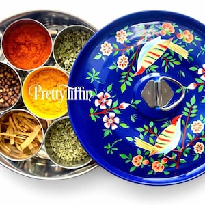 Hand painted spice box 
spice tin 
masala box  
spice storage  
spice box with 7 pots and spoon