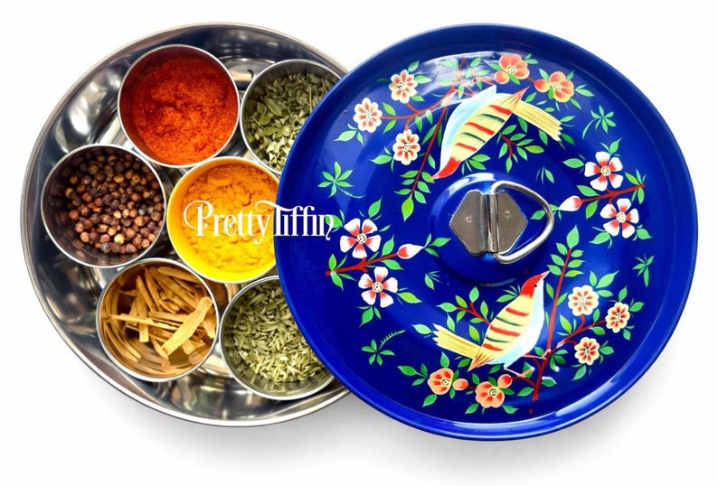 Hand painted spice box 
spice tin 
masala box  
spice storage  
spice box with 7 pots and spoon