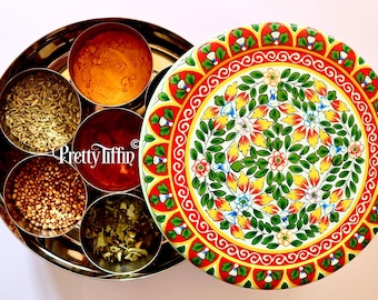 Handgeschilderde masala dabba kruidenblikje, kruidendabba, mooie masaladoos, kruidenopslag, luchtdicht kruidenblikje, kruidendoos, cadeau voor koks, cadeau voor koks