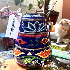 Blue tiffin lunchbox 
stainless steel tiffin tin 
lunch dabba 
hand painted truck art tiffin