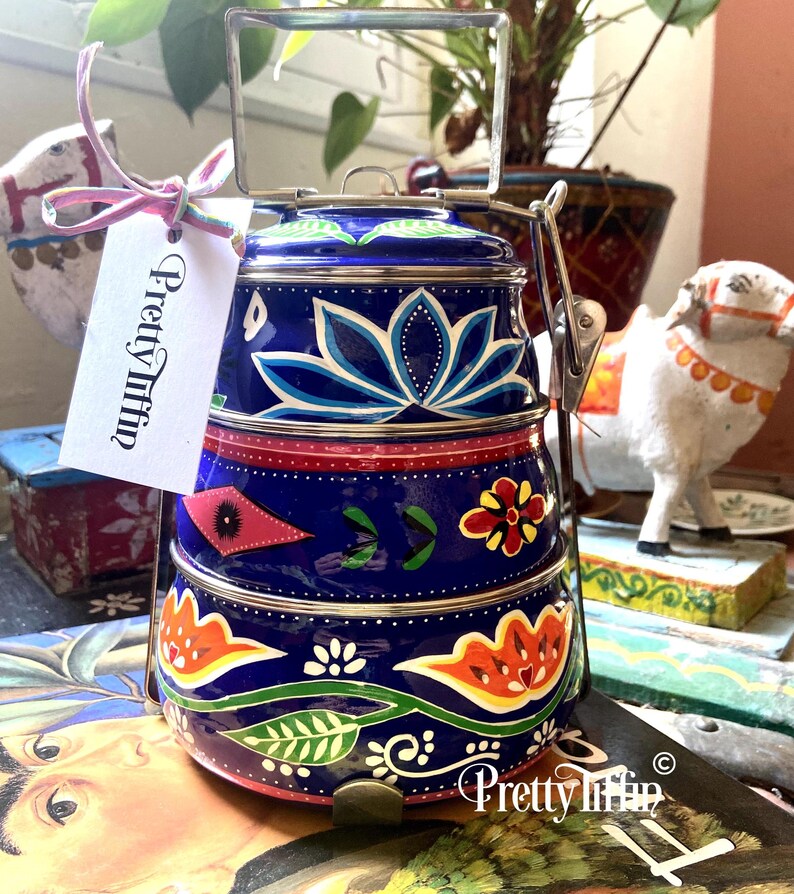 Blue tiffin lunchbox 
stainless steel tiffin tin 
lunch dabba 
hand painted truck art tiffin