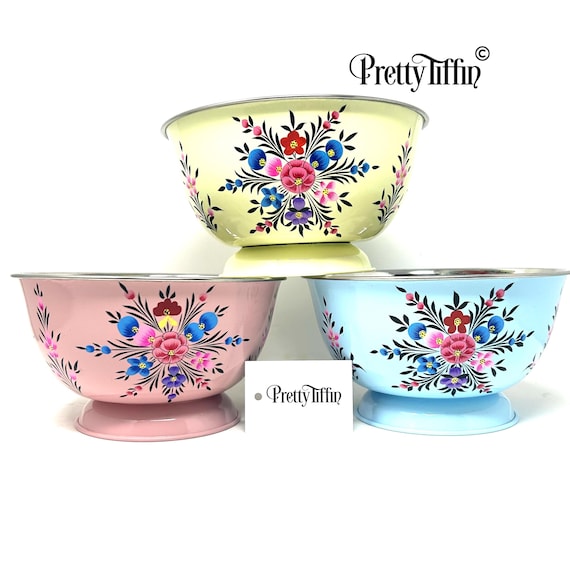Hand Painted Stainless Steel Serving Bowls: Floral Design, Set of 3