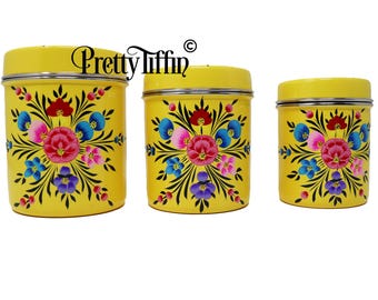 Hand Painted Tea Coffee Sugar Tins, Canister Set of 3,  Kitchen Caddy Set, Tin Trio, Kitchen Storage Tins, Multiple Colours available!