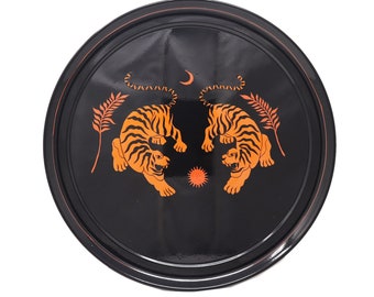 Tiger Motif Black Hand Painted Serving Tray, Drinks Tray, Cocktail Tray, Tea Tray, Food Tray, Decorative Tray, Round Tray, Tiger Art