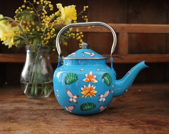 Hand Painted Teapot, Camping Teapot, Stainless Steel Teapot, Teapot for two, Vintage Teapot, Tea Lover Gift, Blue Teapot, Gift for mum