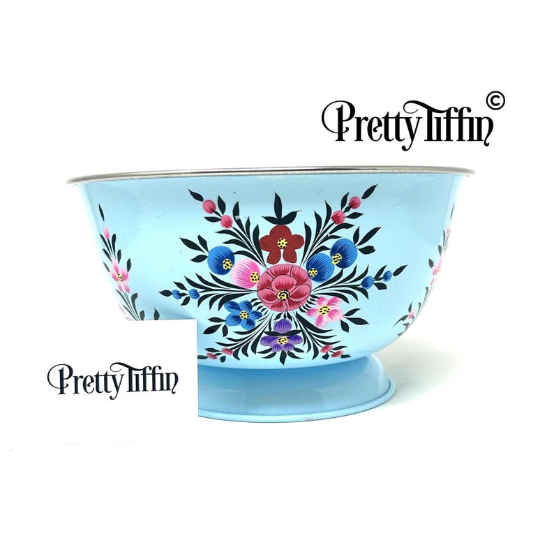 Blue Salad Bowl, Hand Painted serving bowl, Cake mixing bowl, metal bowl