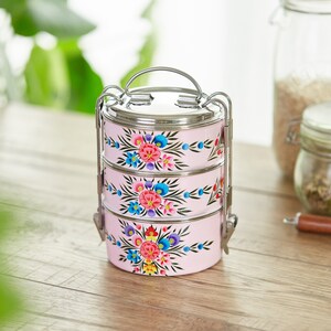 Indian Tiffin Stainless Steel Eco Lunchbox Hand Painted Three Compartment Lunchbox