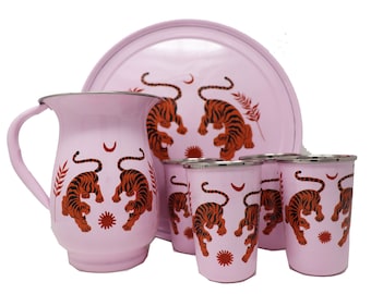 Hand Painted Tiger Motif Pitcher and Tumbler Set in Pink, Jug and glass set with tray, Picnic Jug, Camping Jug, Picnic jug and glass set