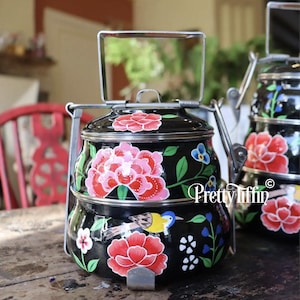 Tiffin Lunchbox Bird and Flower &#39;Bijou&#39; 2 Compartment Lunchbox, Traditional Indian Tiffin, Enamel Lunch box, Bird Art, Dabba, Lunch Pail,