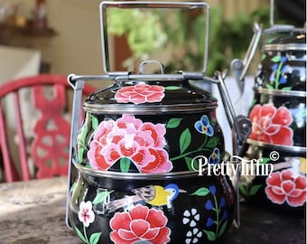 Hand Painted Bird & Flower Tiffin Lunchbox: Indian Dabba Box