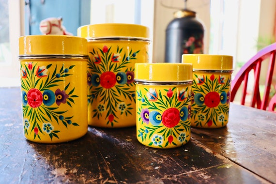 Set of 4 Hand Painted Tea Coffee Sugar Canister Tin
