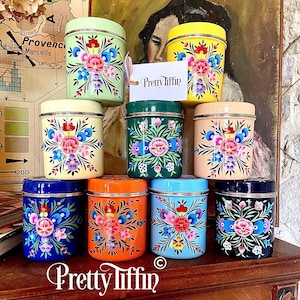 Set of Three Medium Sized Hand Painted Kitchen Canister Tins, Kitchen Caddy Set, Kitchen Storage Tins, Coffee Storage, Tea, Coffee, Sugar,