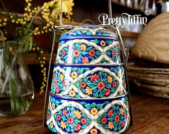 Hand-Painted Indian Tiffin Lunchbox: Stainless Steel Dabba Box
