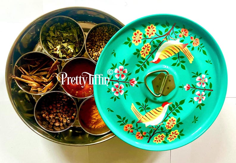 Beautiful Spice Box 
bird and flower  
Botanical art 
hand painted spice tin 
spice storage  
spice organiser 
curry lover gift 
home chef gift  
Green Kitchen accessories