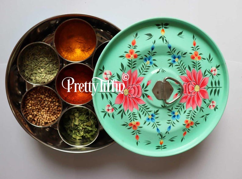 Hand Painted spice tin 
spice box 
beautiful spice tin 
masala box 
masala dabba 
spice storage