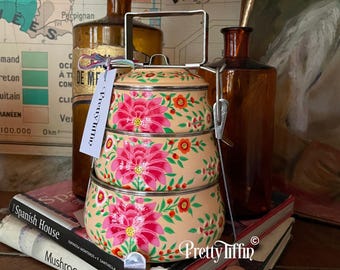 Hand Painted Tiffin Lunch Box: Pink Peony Flowers, 3-Tier