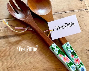Wood Salad Servers, Salad Spoon and Fork Set, Salad Serving Set, Salad Mixing Set, Hand Carved Salad Utensils, Hand Painted Salad Servers.