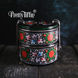 Indian Tiffin Steel Lunchbox Hand Painted Two Compartments, Traditional Tiffin Box, Dabba, Tiffin Tin, Hand Painted Indian Tiffin box,