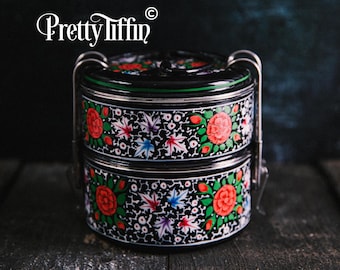 Indian Tiffin Steel Lunchbox Hand Painted Two Compartments, Traditional Tiffin Box, Dabba, Tiffin Tin, Hand Painted Indian Tiffin box,