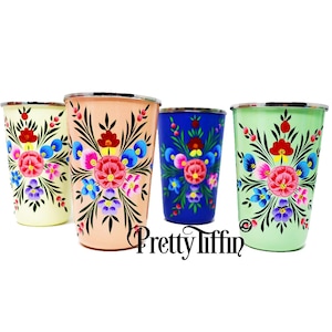 Hand Painted Stainless Steel Tumblers,  Set Of Picnic Tumblers, Water Cup, Festival Cup Set of Tumblers, Picnic Glasses 'Vintage Collection'