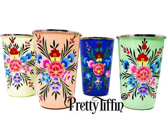 Vasos de acero inoxidable pintados a mano, juego de vasos para picnic, vaso de agua, juego de vasos para festivales, vasos para picnic (colección vintage)