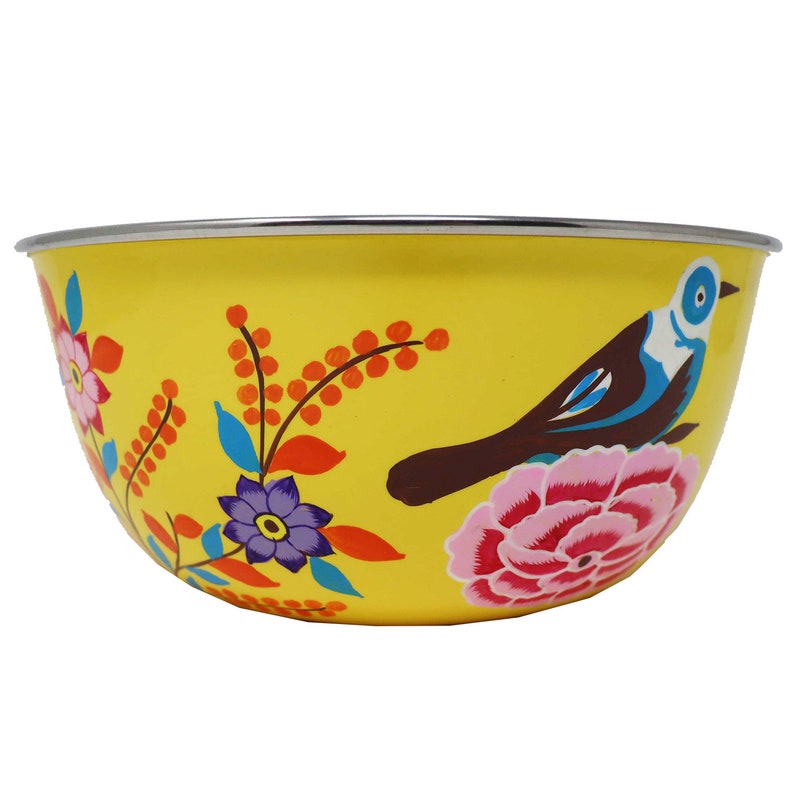 hand Painted serving bowl 
Bird Art 
Stainless steel mixing bowl 
yellow kitchen accessories 
Fruit bowl 
Salad Bowl