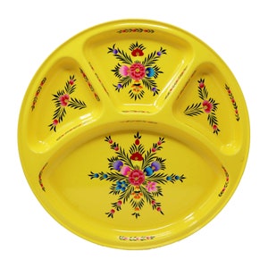 May include: A yellow serving plate with four sections, each decorated with a floral design in shades of pink, blue, and green. The plate is ideal for serving a variety of dishes.
