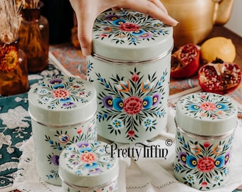 Hand Painted Floral Kitchen Canister Set: Tea Coffee Sugar Tins