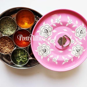 SPICE BOX 
Pink kitchen accessories 
hand painted masala dabba