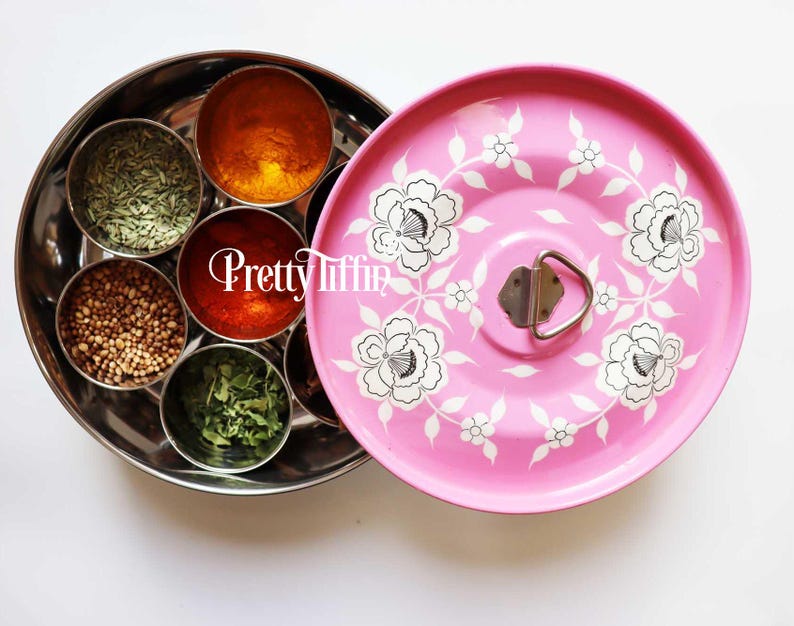 SPICE BOX 
Pink kitchen accessories 
hand painted masala dabba