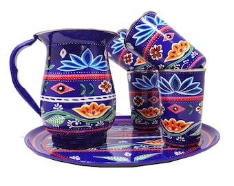 Hand Painted Pakistani Truck Art Pitcher and Tumbler Set, Jug Picnic Jug Steel Jug Flower Jug Camping Jug, Picnic jug and glass set