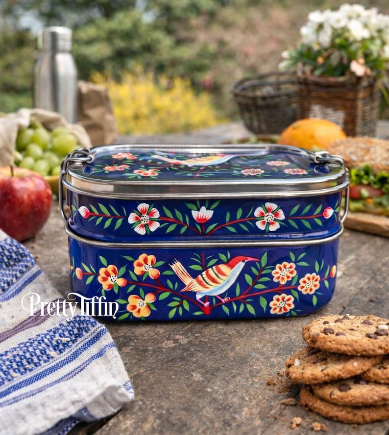 hand painted bento lunchbox  
stainless steel bento tin. 
snack box. 
Lunchbox with separate compartments. 
Unique lunchbox