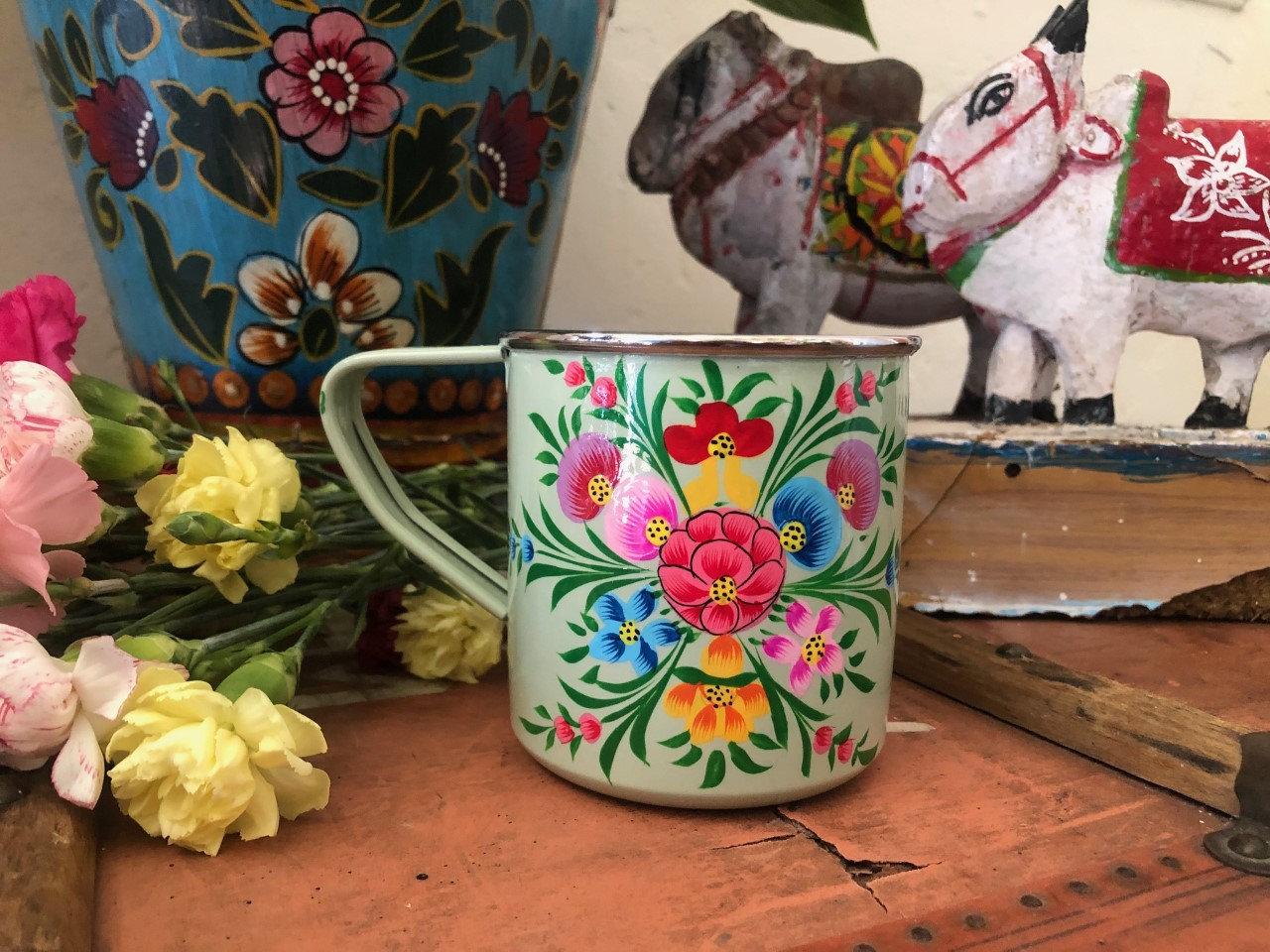 Blue and White China Travel Coffee Mug Insulated Hand Painted Porcelain  Roses