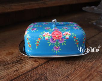Hand-Painted Stainless Steel Butter Dish with Lid: Retro Kitchen Decor