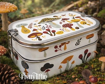 Hand Painted 'Foragers' Bento Box, Stainless Steel Bento Box with Mushroom Art, Metal Bento lunchbox, Sandwich Tin, Snack Box, Eco Lunchbox