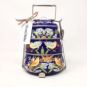 Tiffin Lunchbox, William Morris Strawberry Thief Tiffin box In Blue, Dabba, Lunch Pail, Hand Painted Tiffin Lunchbox, Indian Tiffin Tin,