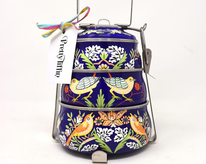 Tiffin Lunchbox, William Morris Strawberry Thief Tiffin box In Blue, Dabba, Lunch Pail, Hand Painted Tiffin Lunchbox, Indian Tiffin Tin,