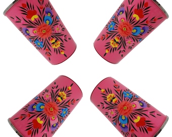 Vasos metálicos florales pintados a mano - Juego de 4 - Vasos para pícnic y camping