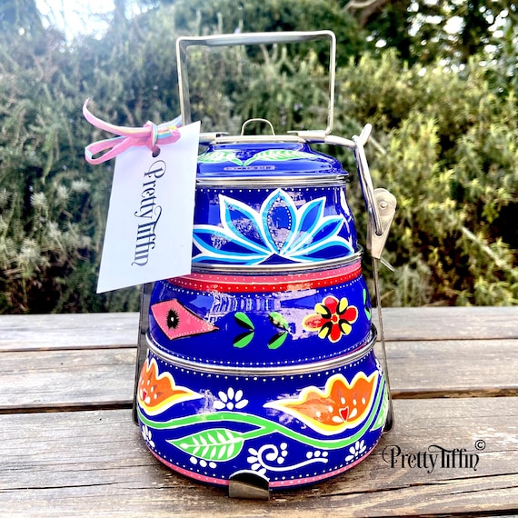 Hand Painted Indian Tiffin Lunch Box: Truck Art Enamel, 3-Compartment
