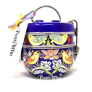 Morris and Co Strawberry Thief Blue, Traditional Tiffin Lunchbox Hand Painted Tiffin box, Lunch Pail, Dabba, Indian Tiffin, Food Carrier,