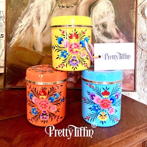 Medium Single Canister Tin, Storage Tin, Hand Painted Kitchen Canister Tea Caddy, Kitchen Caddy, Enamel Tin, Sugar Storage, Kitchen Caddy