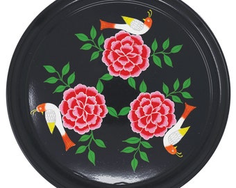 Bird Motif Hand Painted Black Serving Tray, Drinks Tray, Cocktail Tray, Tea Tray, Food Tray, Decorative Tray, Round Tray, Chinoise,
