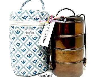 Antike Bronze Indian Tiffin Lunchbox Vier Fächer mit Block Print Thermotasche, Edelstahl Tiffin Box, Metall Indian Tiffin,