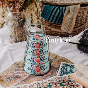 Large Indian Tiffin, Hand Painted tiffin box, Eco lunch box, Stainless Steel Lunch box 4 Compartment lunch box, picnic hamper, lunch pail