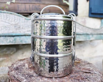 Hammered Indian Tiffin Lunchbox, Stainless Steel Tiffin Box, 3 Compartment Tiffin Tin, Dabba box. Metal Lunchbox, Lunch Pail, Picnic Box