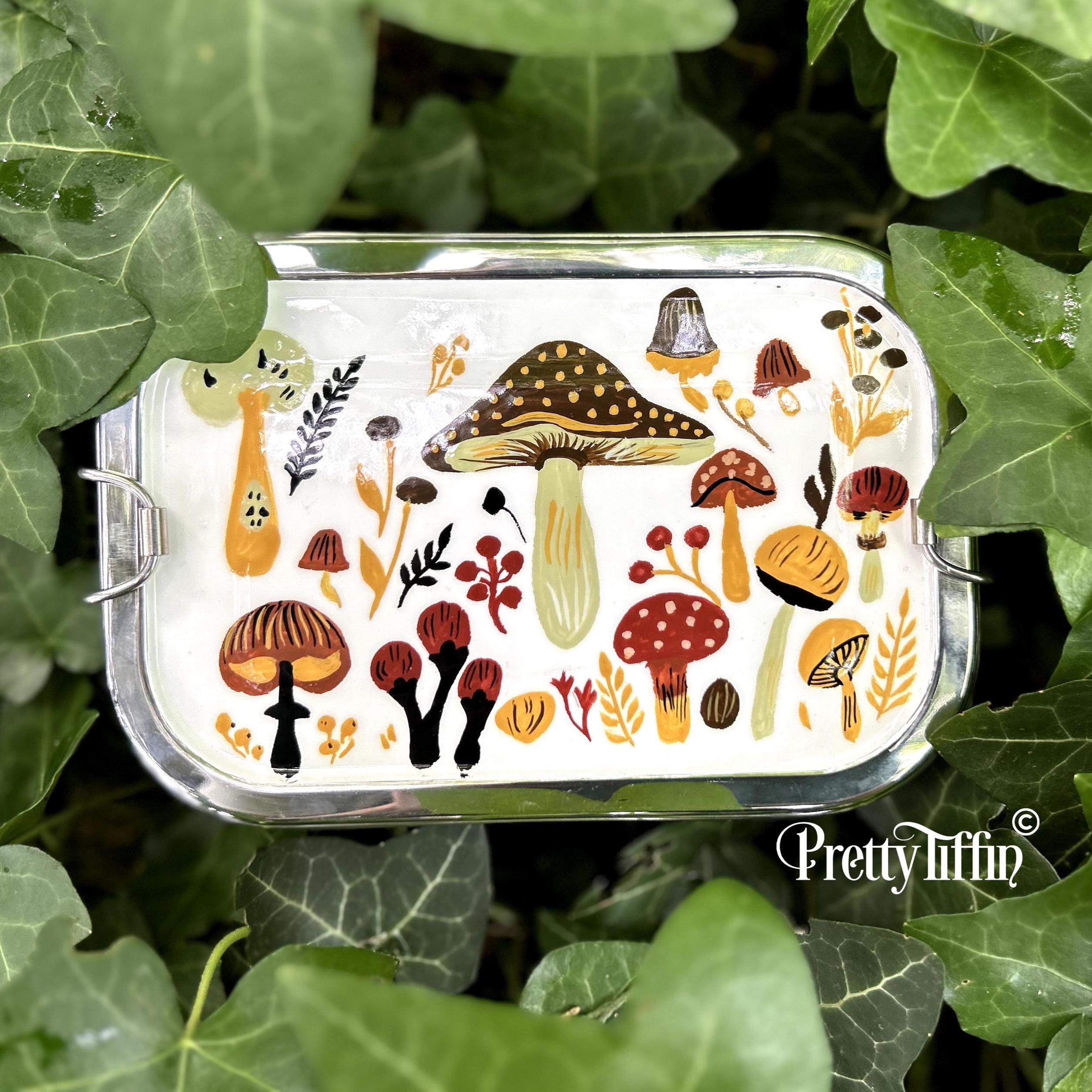 Hand Painted 'Foragers' Bento Box, Stainless Steel Bento Box with Mushroom Art, Metal Bento lunchbox, Sandwich Tin, Snack Box, Eco Lunchbox