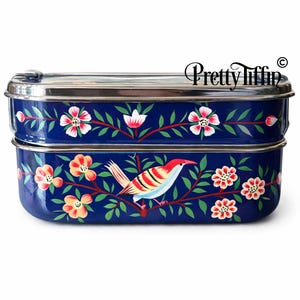 Hand painted bento lunchbox. 
stainless steel bento 
compartment lunchbox  
sandwich tin. 
enamel bento box 
bird and flower design  
dark blue bento box