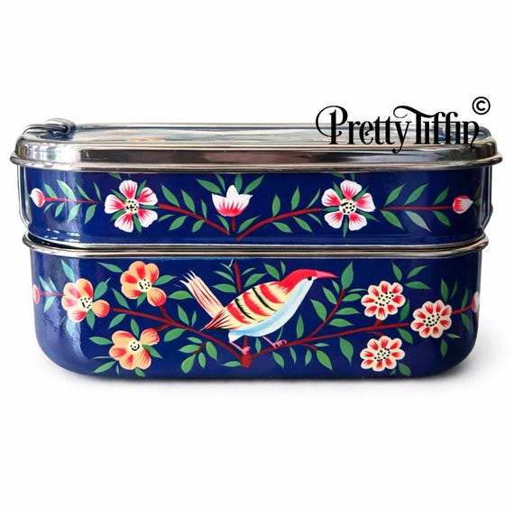 Hand Painted Bento Box: Stainless Steel Lunchbox with Bird & Flower Design