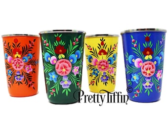 Vaso de metal pintado a mano, vaso para agua, vaso para camping, vasos para picnic, vaso de metal, vaso para agua, juego de vasos, juego de vasos de madera noruega.